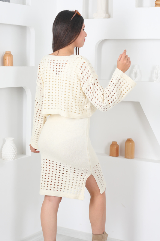 Fileli Kadın Taş Rengi Triko Crop Elbise Takım - 5