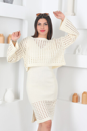 Fileli Kadın Taş Rengi Triko Crop Elbise Takım - 3