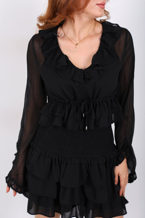 Fırfırlı Bağlama Detaylı Siyah Kadın Şifon Gömlek - Berox (1)