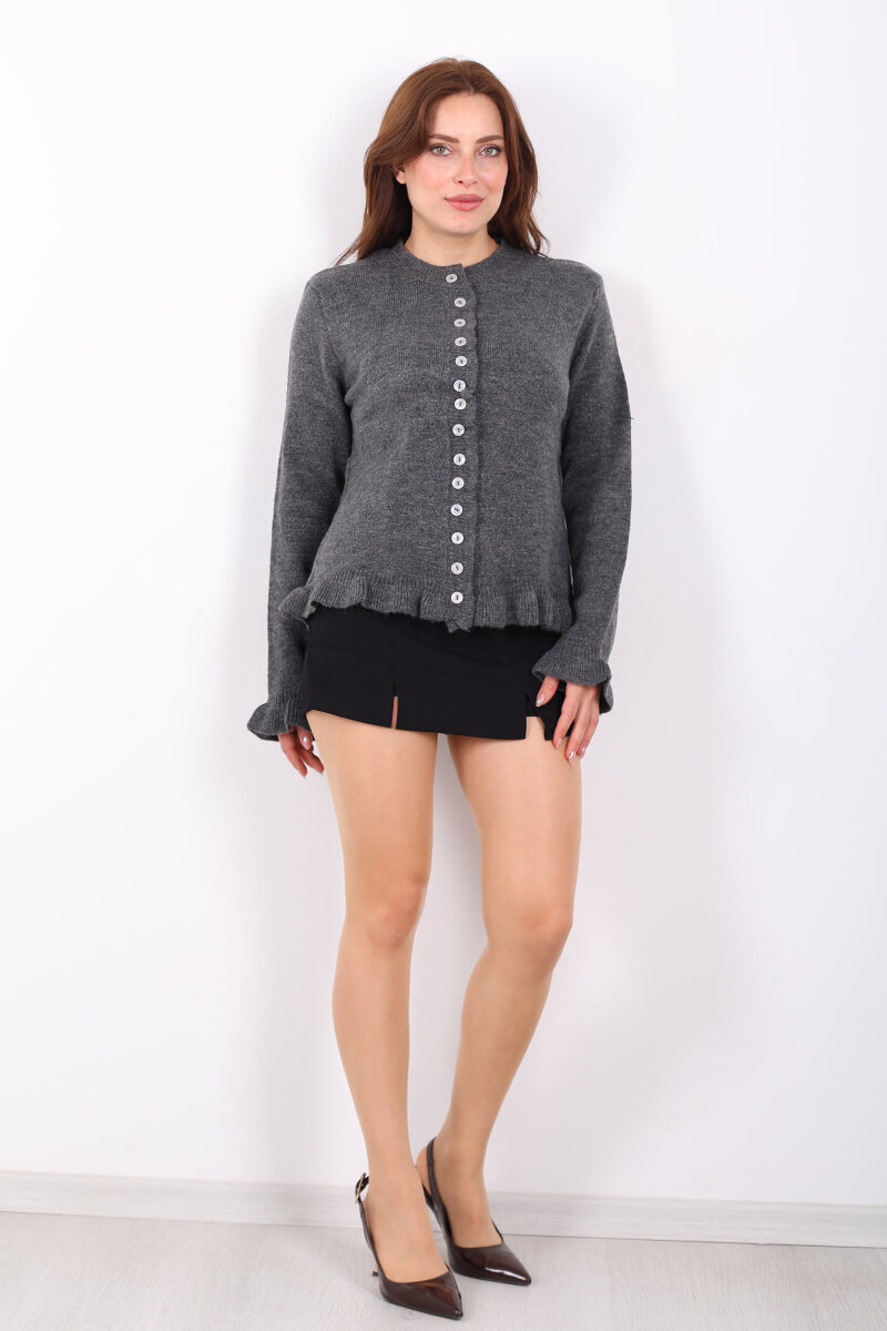 Fırfırlı Düğmeli Kadın Antrasit Triko Hırka - 4