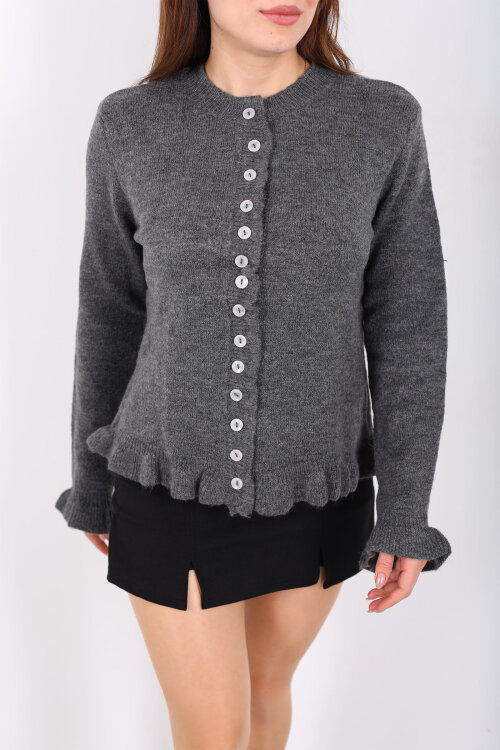 Fırfırlı Düğmeli Kadın Antrasit Triko Hırka - Berox (1)