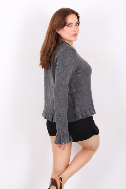 Fırfırlı Düğmeli Kadın Antrasit Triko Hırka - 6