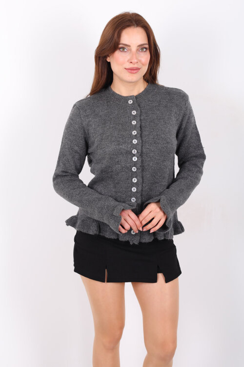 Fırfırlı Düğmeli Kadın Antrasit Triko Hırka - 3