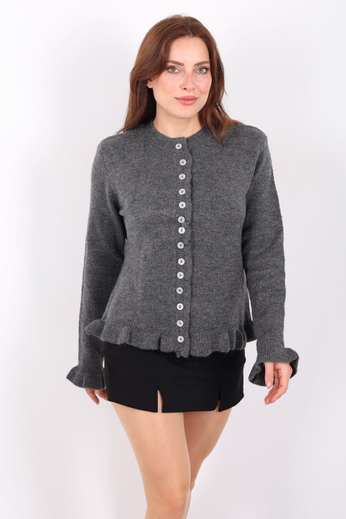 Fırfırlı Düğmeli Kadın Antrasit Triko Hırka - 7