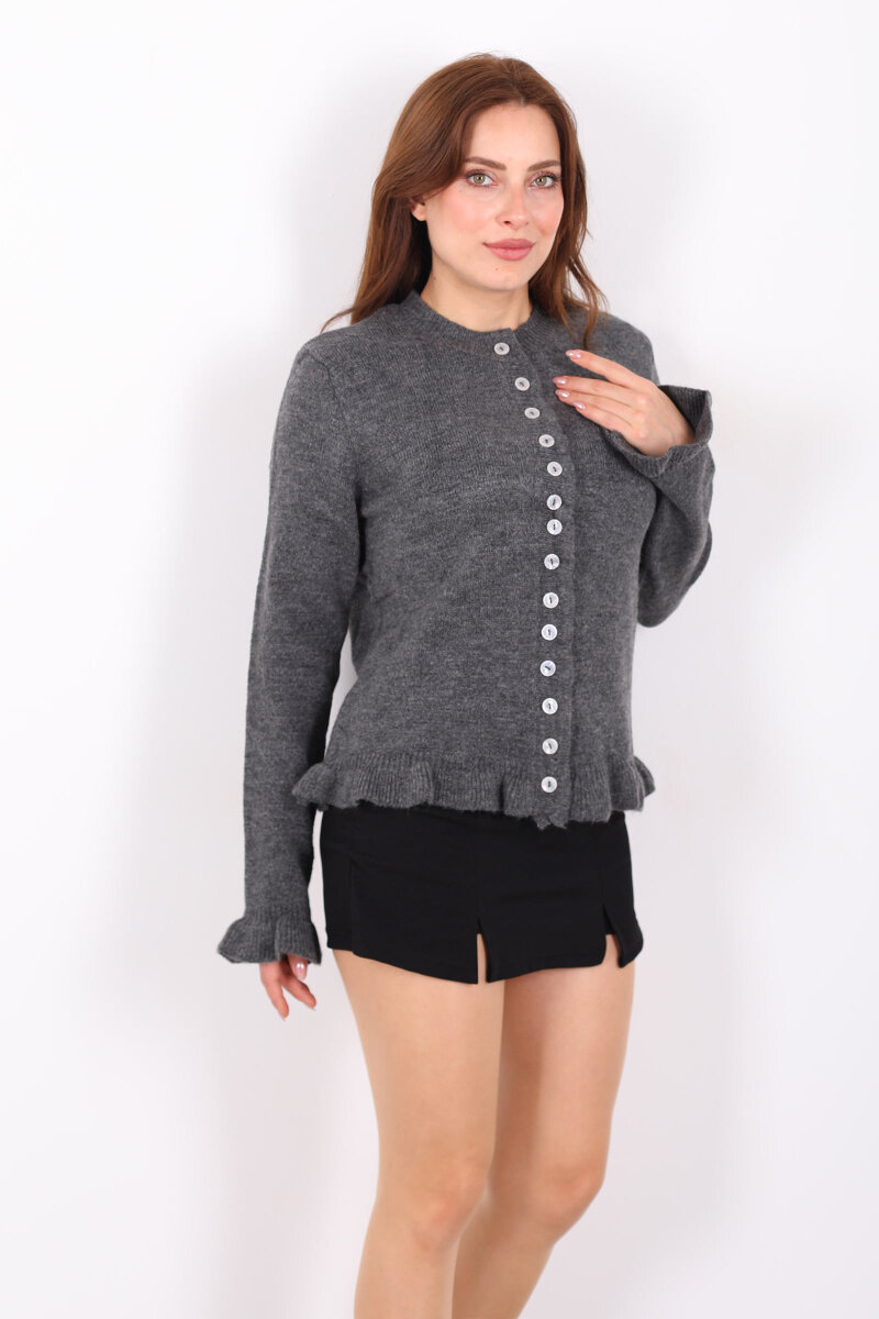 Fırfırlı Düğmeli Kadın Antrasit Triko Hırka - 5