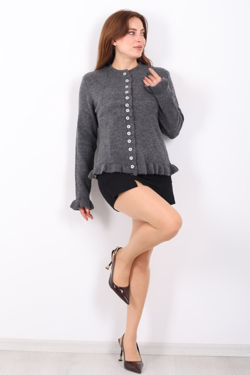 Fırfırlı Düğmeli Kadın Antrasit Triko Hırka - 1