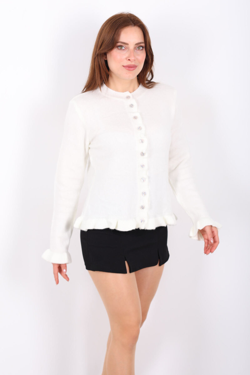 Fırfırlı Düğmeli Kadın Ekru Triko Hırka - 5