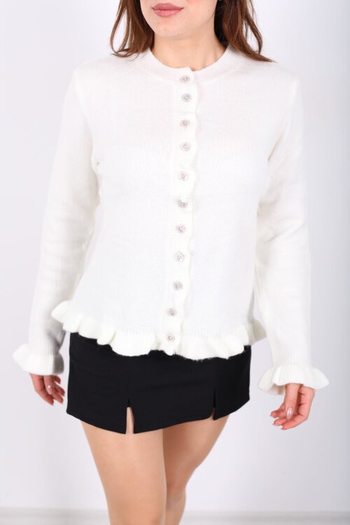 Fırfırlı Düğmeli Kadın Ekru Triko Hırka - 2