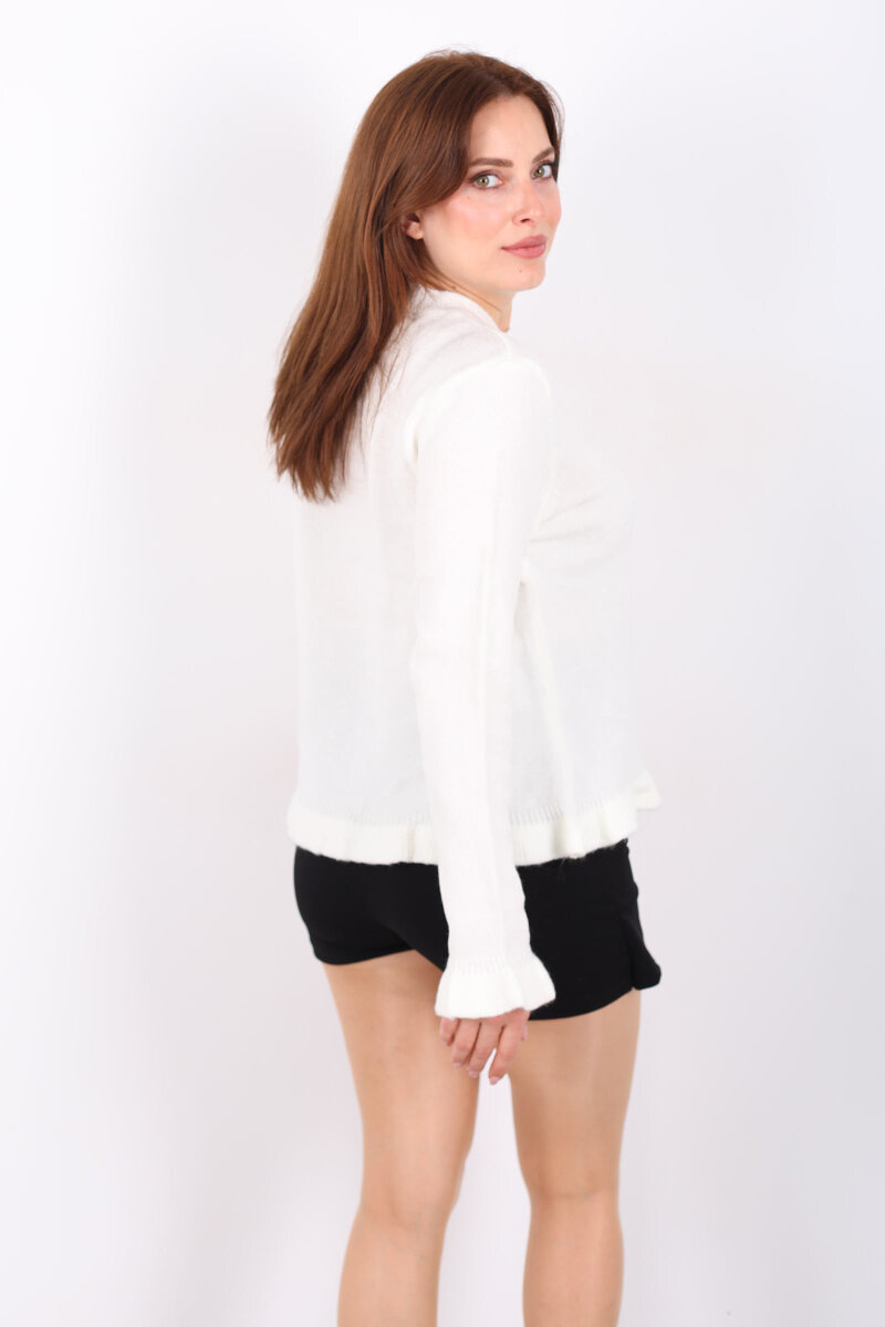 Fırfırlı Düğmeli Kadın Ekru Triko Hırka - 6