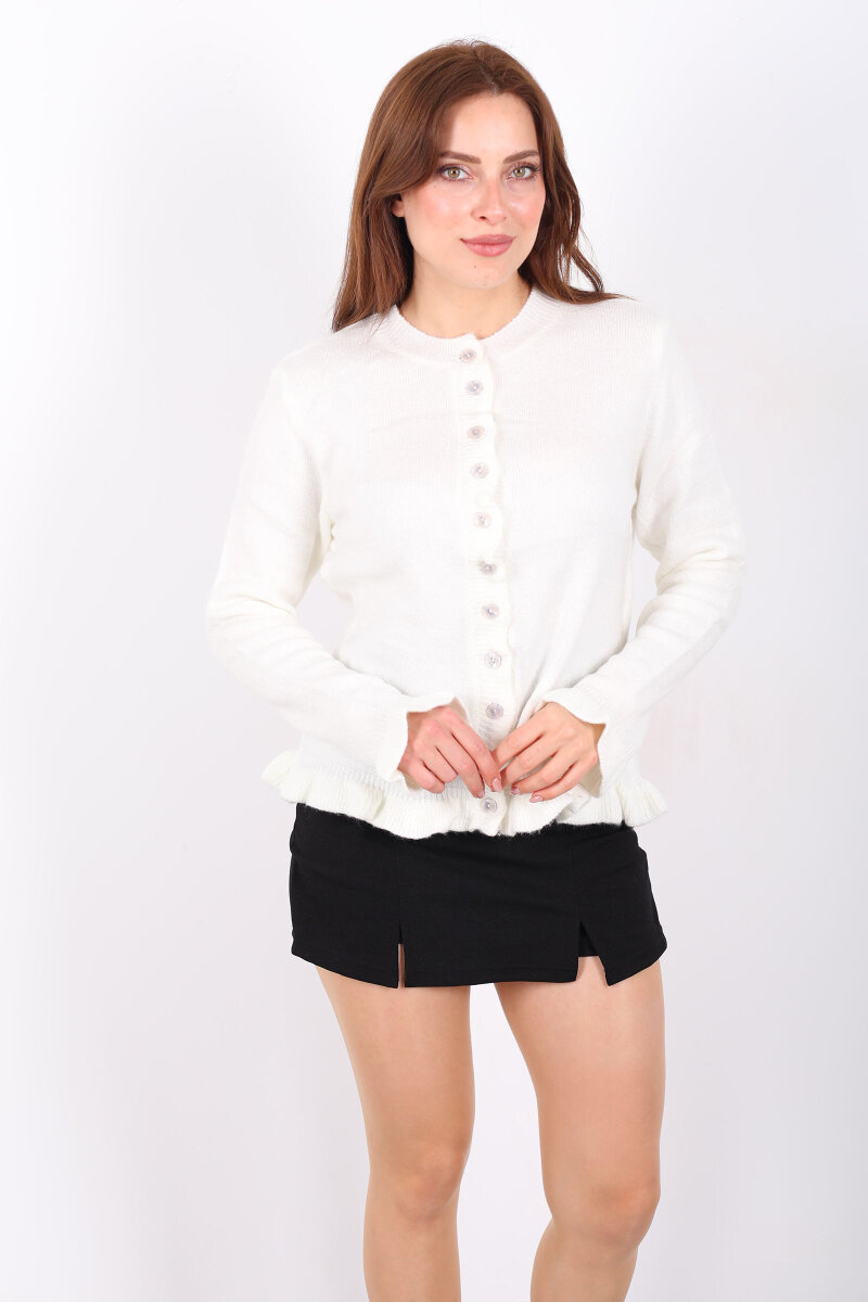 Fırfırlı Düğmeli Kadın Ekru Triko Hırka - 7