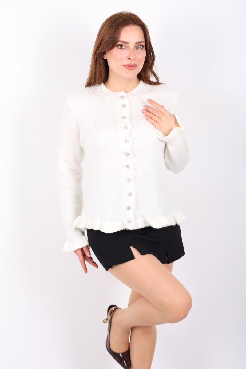 Fırfırlı Düğmeli Kadın Ekru Triko Hırka - 4