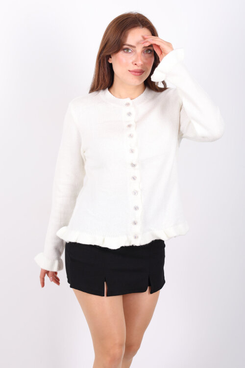 Fırfırlı Düğmeli Kadın Ekru Triko Hırka 