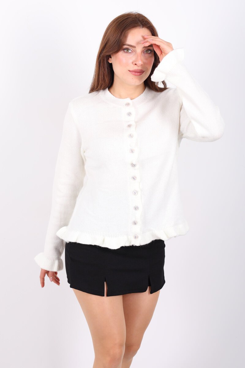 Fırfırlı Düğmeli Kadın Ekru Triko Hırka - 1