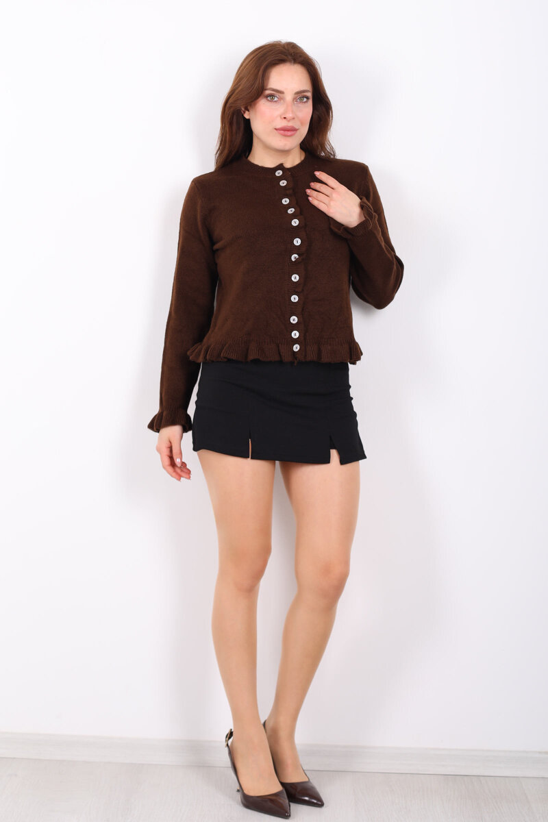 Fırfırlı Düğmeli Kadın Kahverengi Triko Hırka - 3