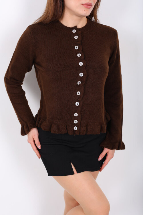 Fırfırlı Düğmeli Kadın Kahverengi Triko Hırka - 2