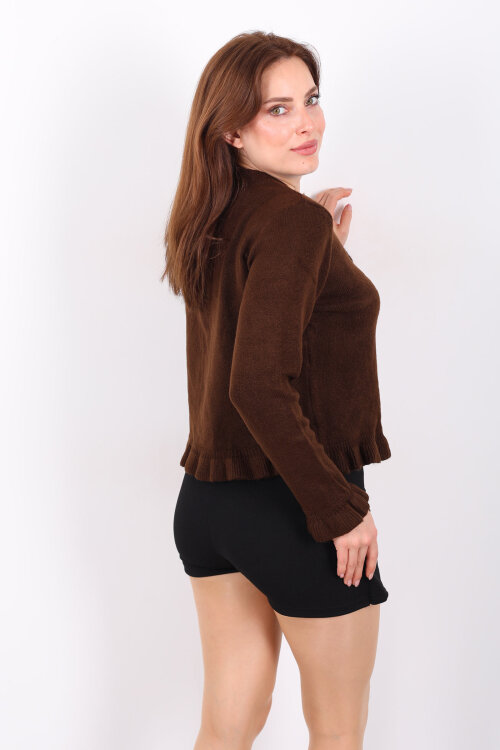 Fırfırlı Düğmeli Kadın Kahverengi Triko Hırka - 5