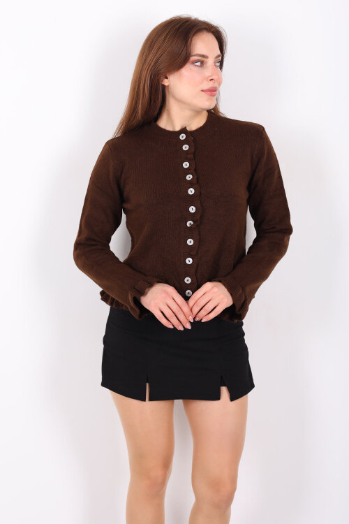 Fırfırlı Düğmeli Kadın Kahverengi Triko Hırka - 4