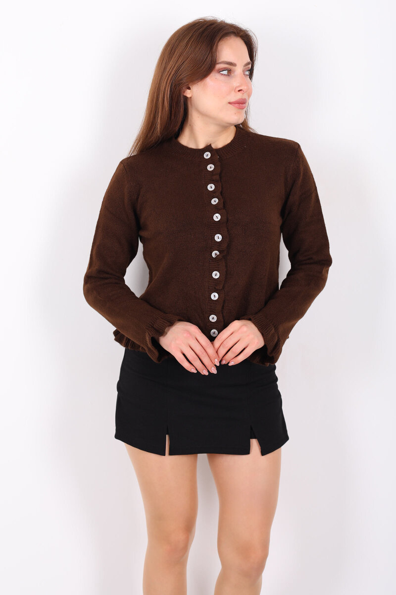 Fırfırlı Düğmeli Kadın Kahverengi Triko Hırka - 4