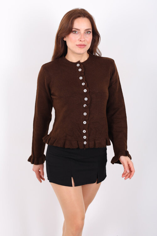 Fırfırlı Düğmeli Kadın Kahverengi Triko Hırka - 6