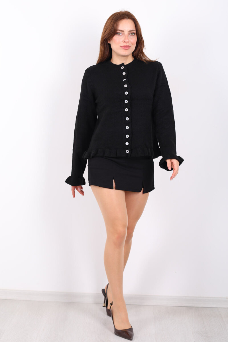 Fırfırlı Düğmeli Kadın Siyah Triko Hırka - 5