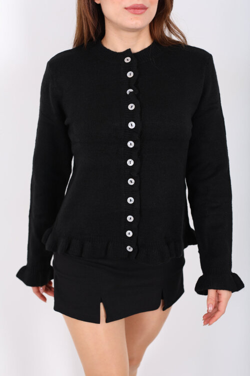 Fırfırlı Düğmeli Kadın Siyah Triko Hırka - 2