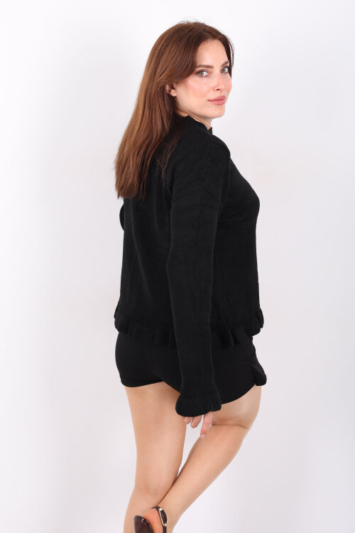 Fırfırlı Düğmeli Kadın Siyah Triko Hırka - 6