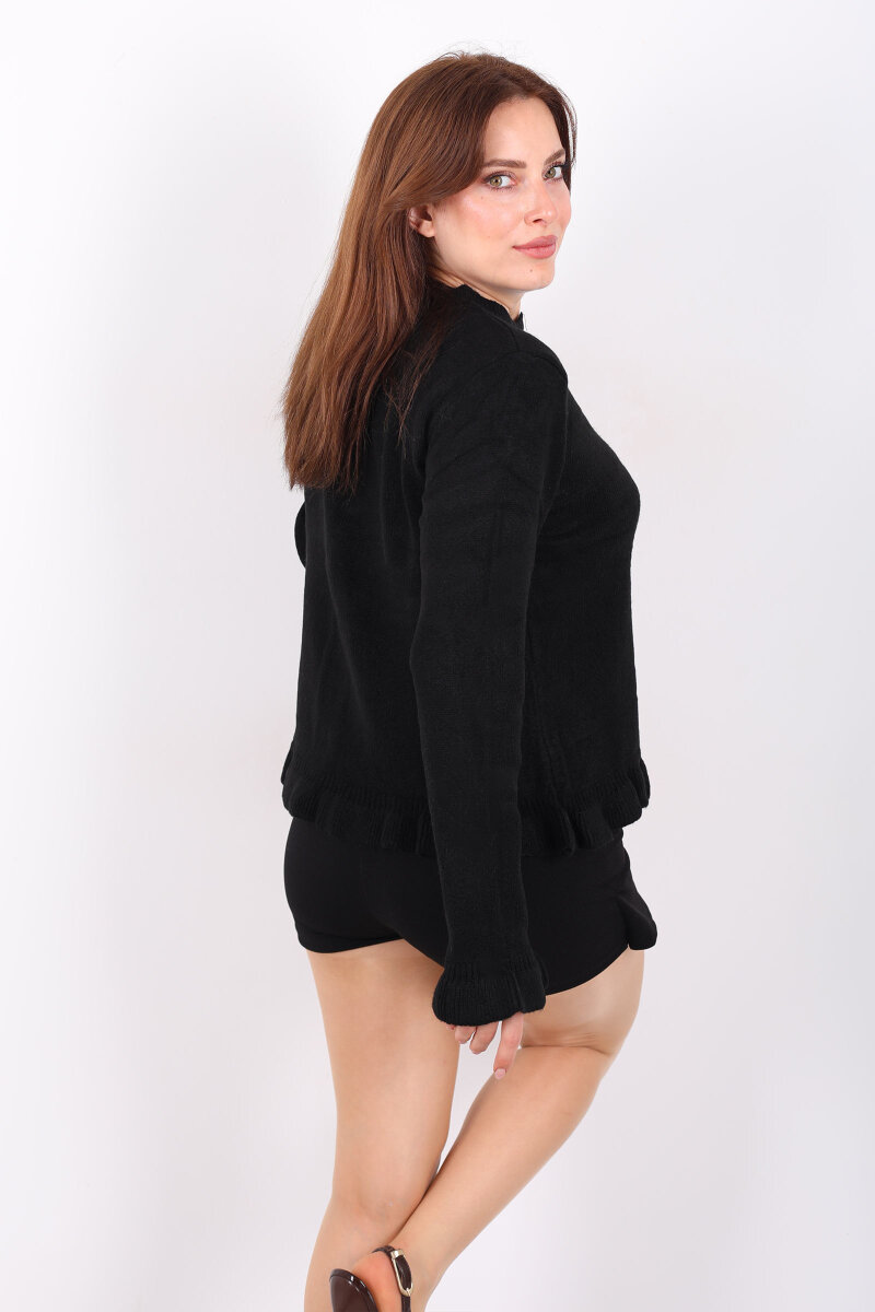 Fırfırlı Düğmeli Kadın Siyah Triko Hırka - 6