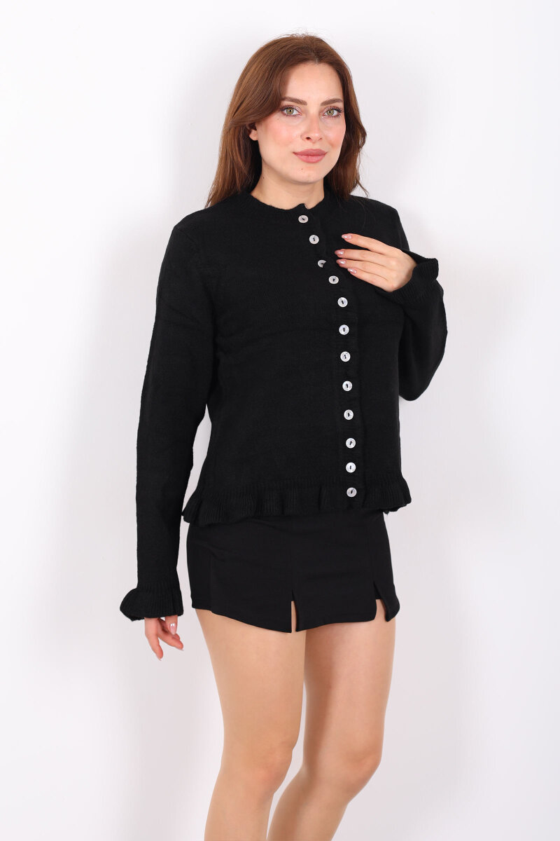 Fırfırlı Düğmeli Kadın Siyah Triko Hırka - 1