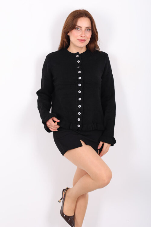 Fırfırlı Düğmeli Kadın Siyah Triko Hırka - 7