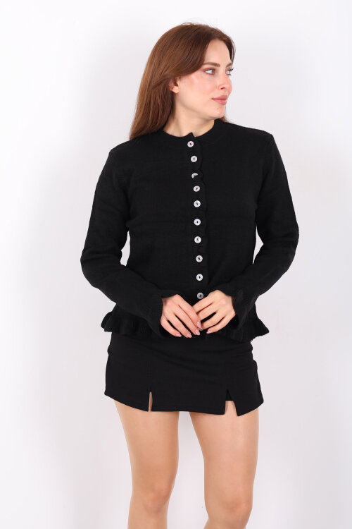 Fırfırlı Düğmeli Kadın Siyah Triko Hırka - 4