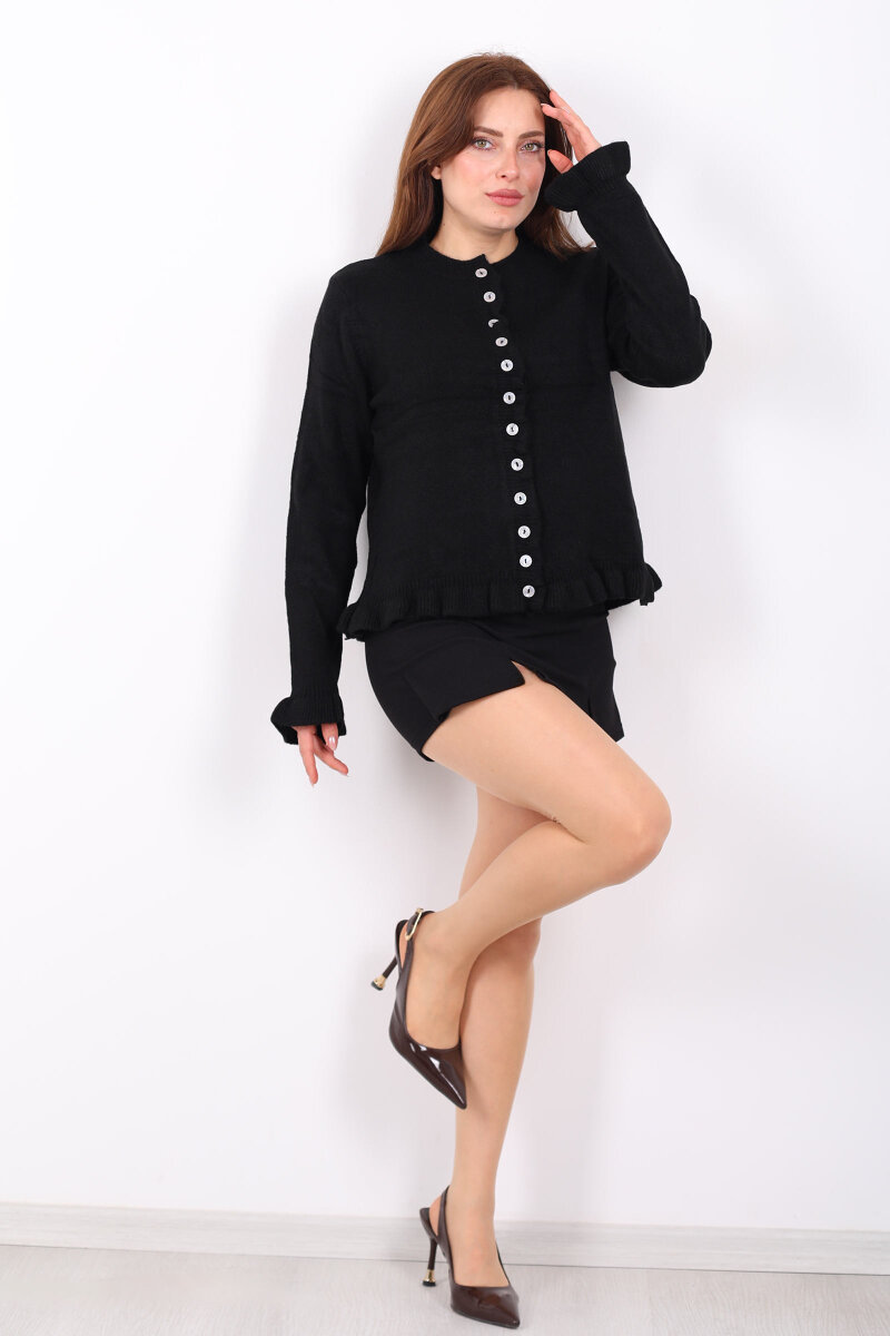 Fırfırlı Düğmeli Kadın Siyah Triko Hırka - 3