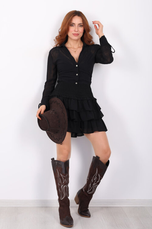 Fırfırlı Siyah Kadın Mini Etek - 5