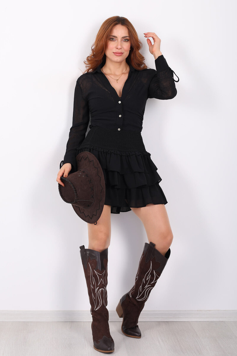 Fırfırlı Siyah Kadın Mini Etek - 5