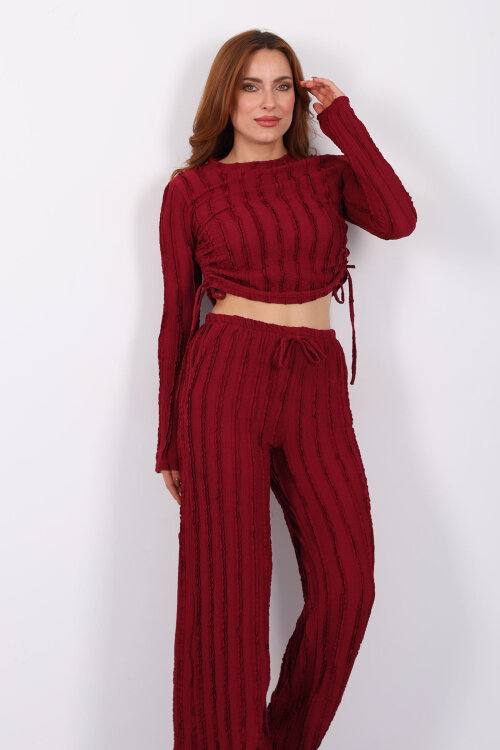 Fırfırlı Yanı Büzgülü Bordo Kadın Takım - Berox