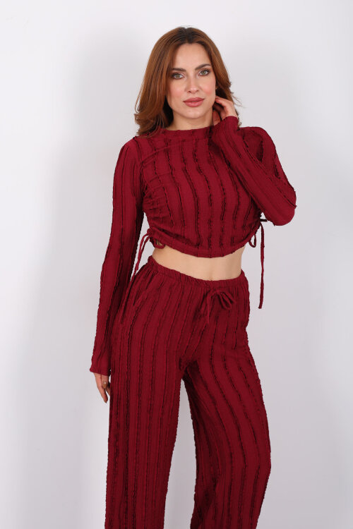 Fırfırlı Yanı Büzgülü Bordo Kadın Takım - 7
