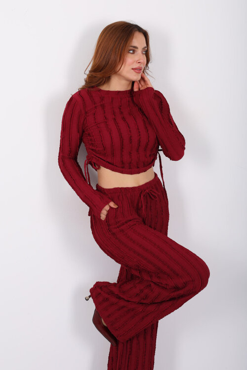 Fırfırlı Yanı Büzgülü Bordo Kadın Takım - 3