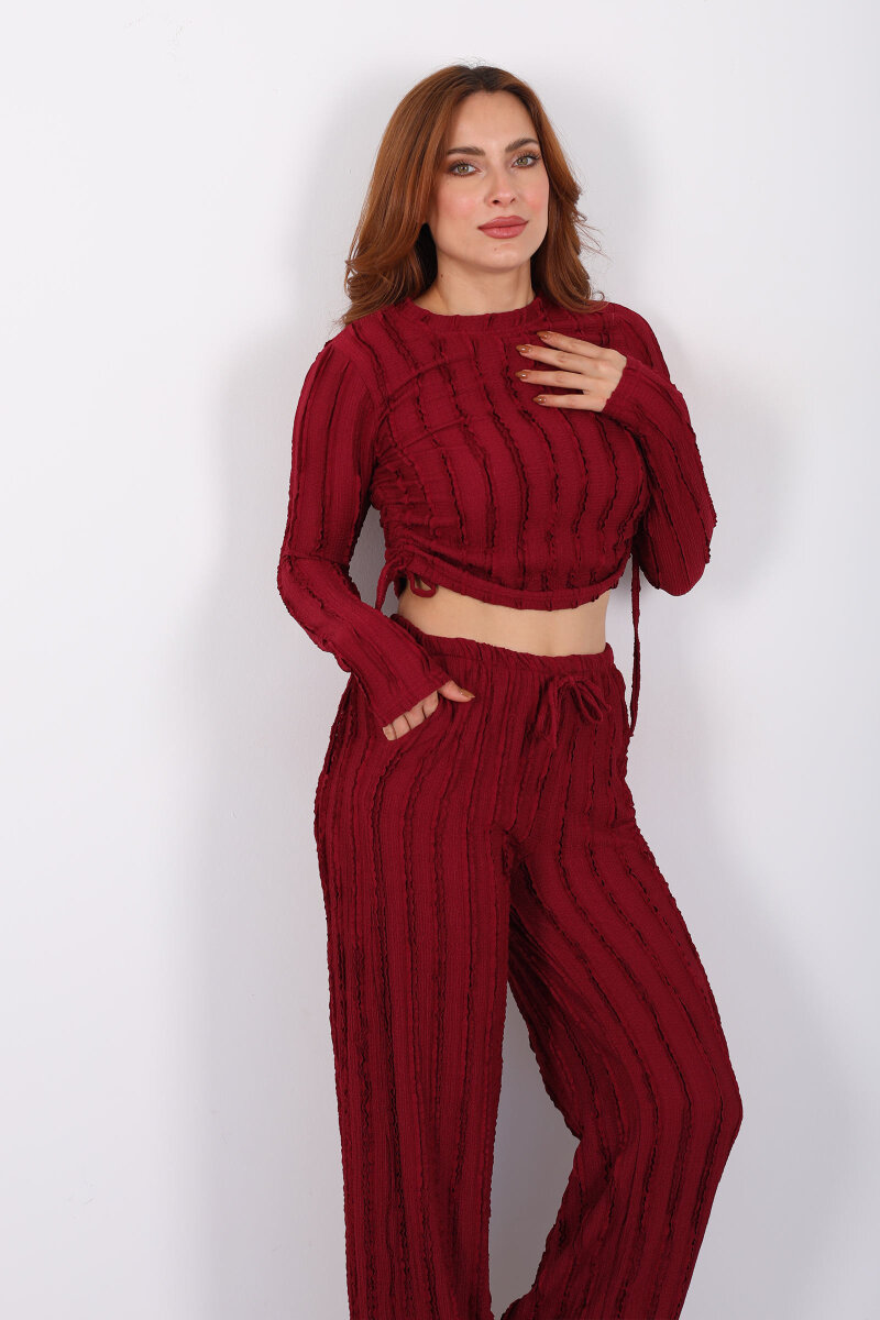 Fırfırlı Yanı Büzgülü Bordo Kadın Takım - 5