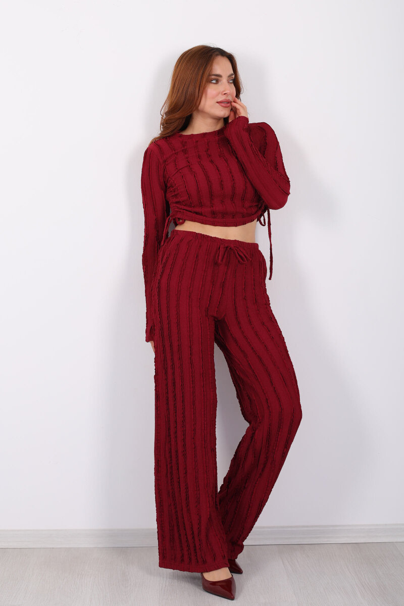 Fırfırlı Yanı Büzgülü Bordo Kadın Takım - 4