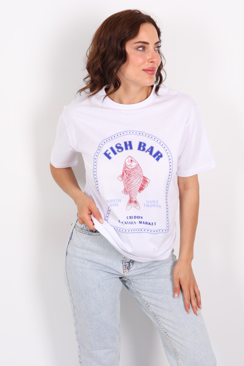 Fish Bar Baskılı Bisiklet Yaka Beyaz Kadın T-Shirt - 1