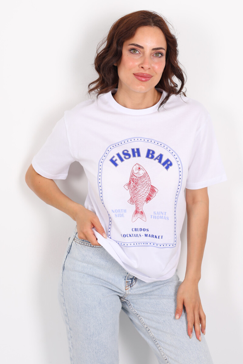 Fish Bar Baskılı Bisiklet Yaka Beyaz Kadın T-Shirt - 3