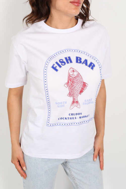 Fish Bar Baskılı Bisiklet Yaka Beyaz Kadın T-Shirt - 2