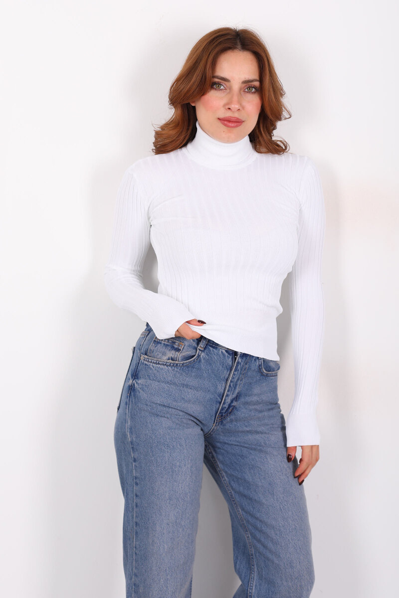 Fitilli Balıkçı Yaka Beyaz Kadın Triko Kazak - 5