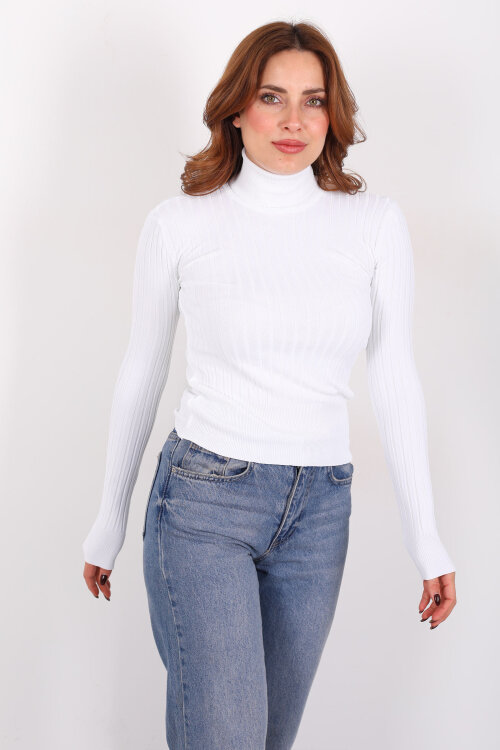 Fitilli Balıkçı Yaka Beyaz Kadın Triko Kazak - 3