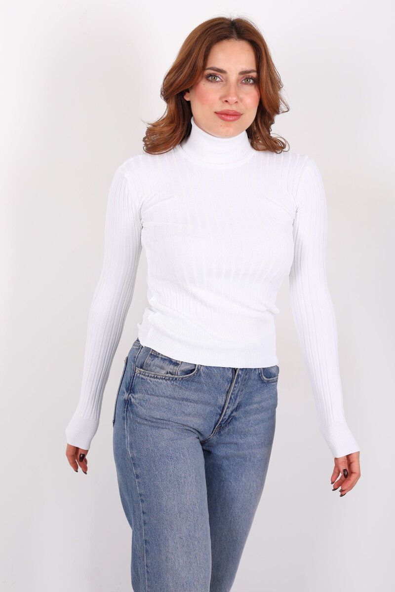 Fitilli Balıkçı Yaka Beyaz Kadın Triko Kazak - 3