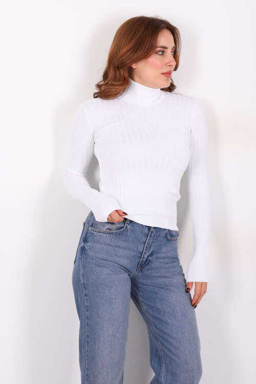 Fitilli Balıkçı Yaka Beyaz Kadın Triko Kazak 