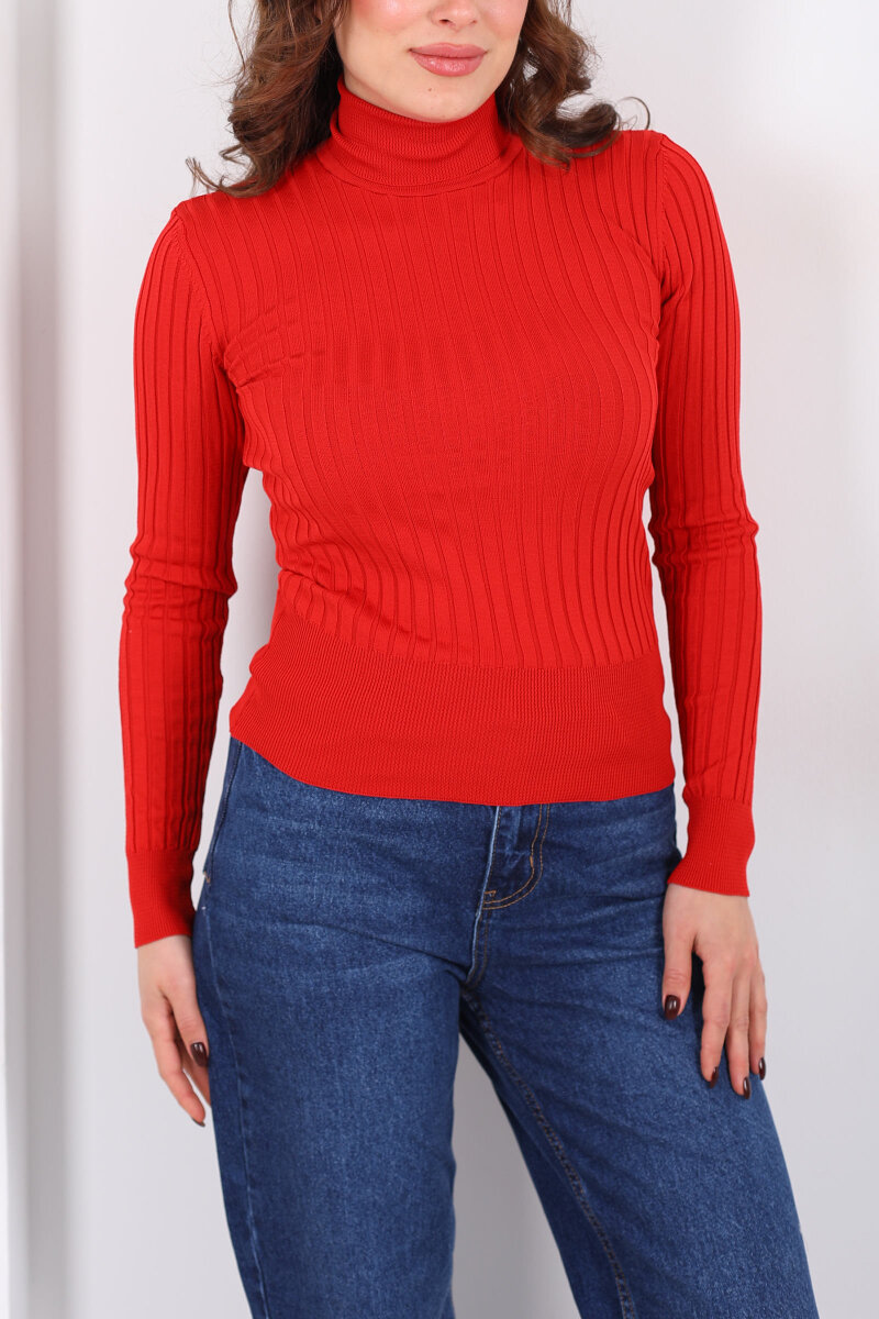 Fitilli Balıkçı Yaka Kırmızı Kadın Triko Kazak - 2