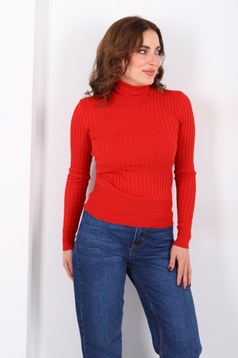 Fitilli Balıkçı Yaka Kırmızı Kadın Triko Kazak - 3