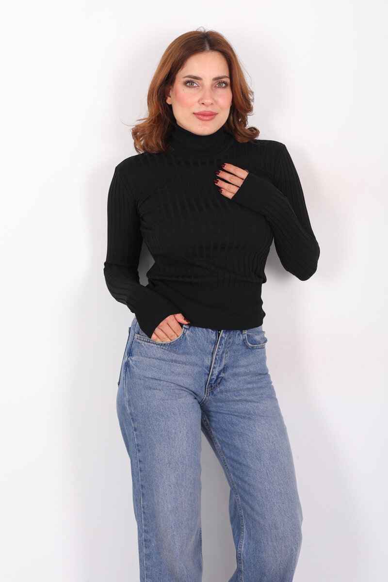 Fitilli Balıkçı Yaka Siyah Kadın Triko Kazak - 1