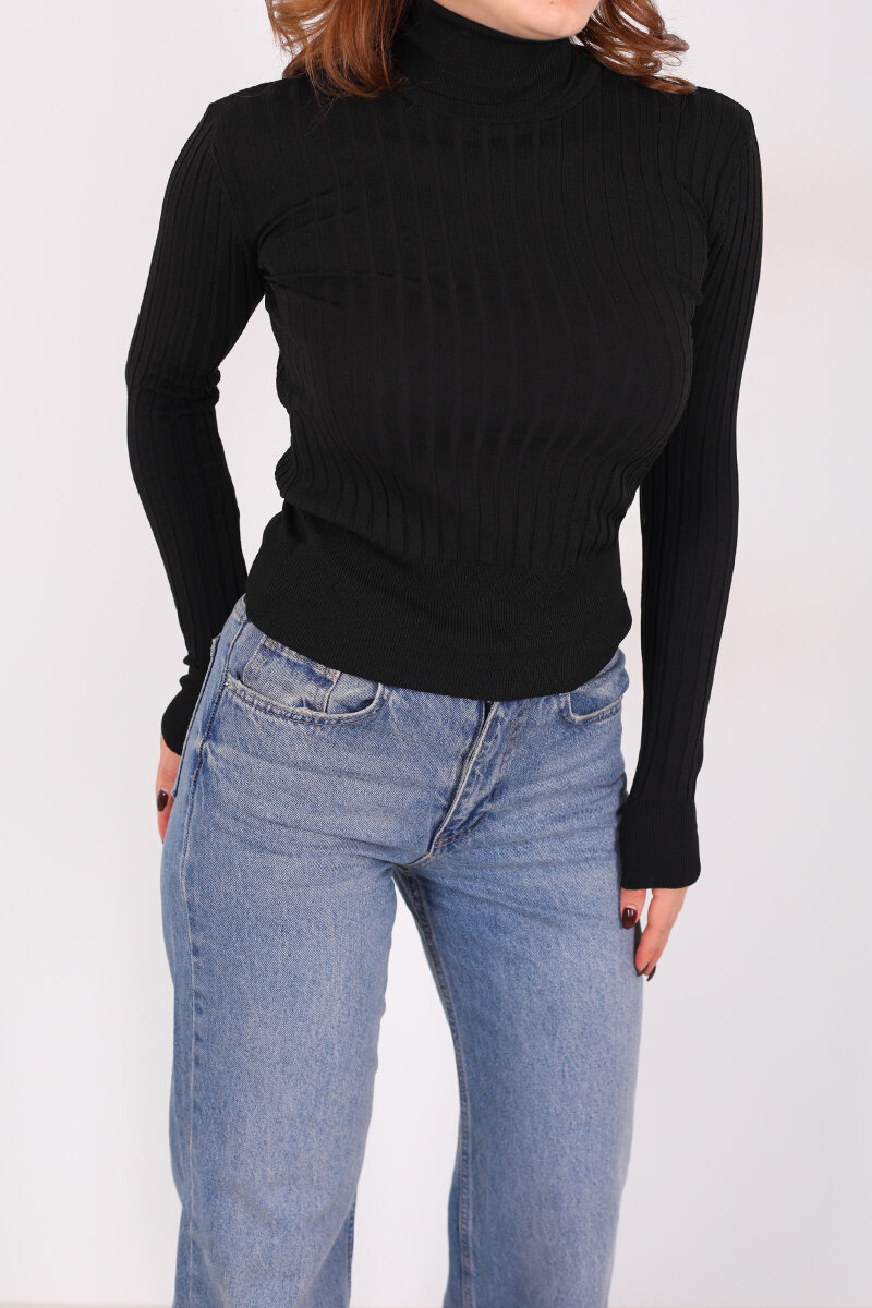 Fitilli Balıkçı Yaka Siyah Kadın Triko Kazak - 2