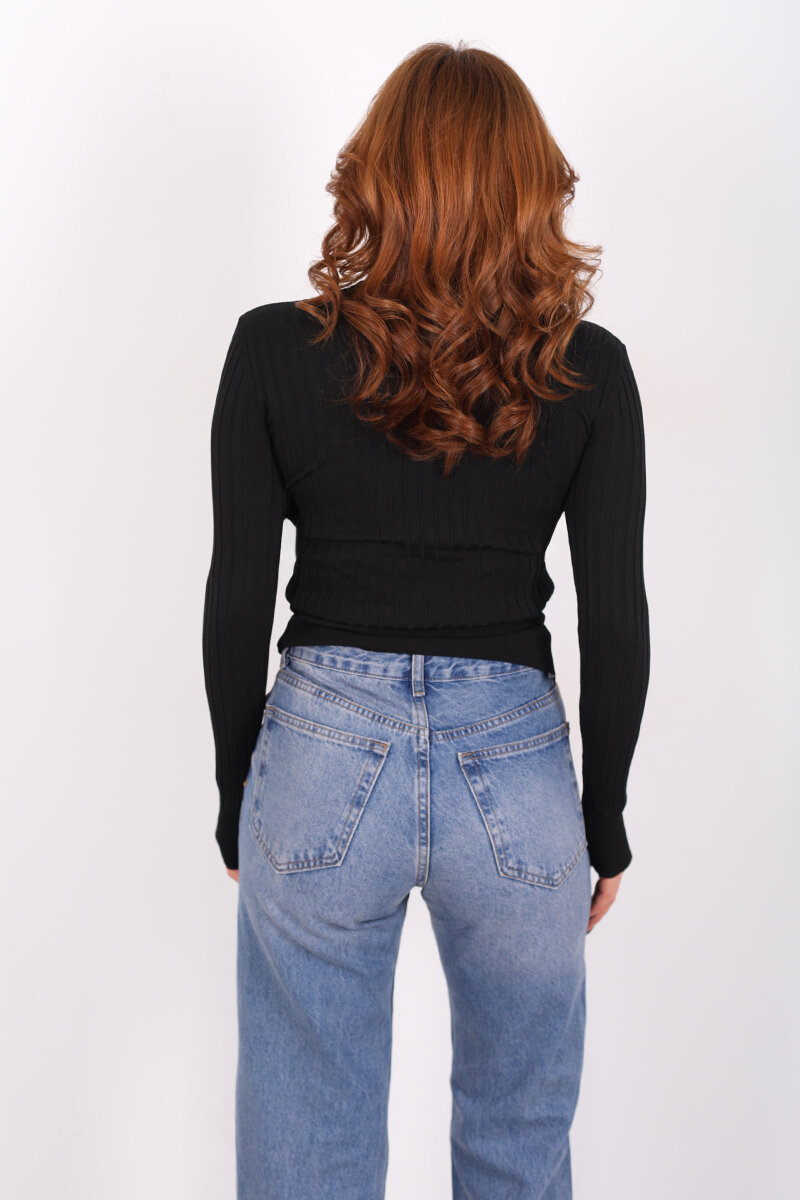 Fitilli Balıkçı Yaka Siyah Kadın Triko Kazak - 4